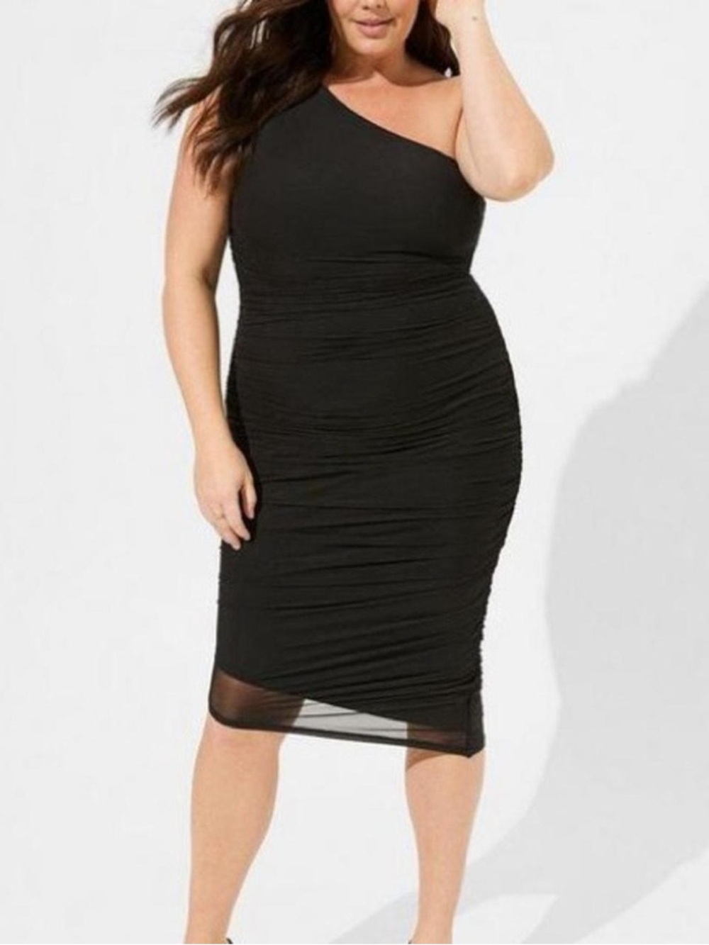 torrid One-Shoulder Black Ruched mesh Midi Dress